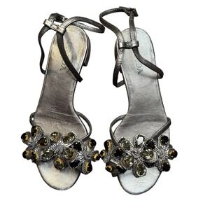 Prada Sandals Womens Size‎ 35.5 Silver Strappy Jeweled Flower Ankle Strap Italy